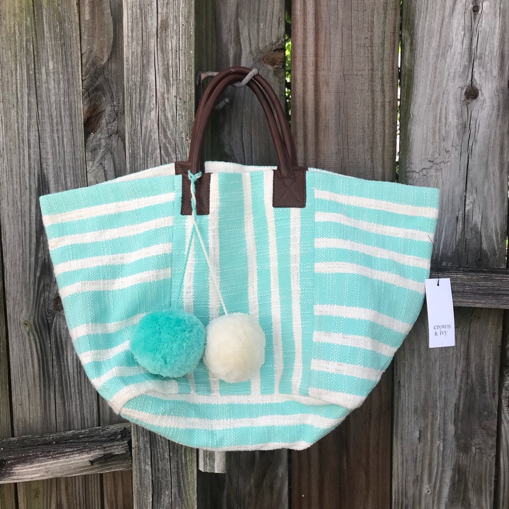 NWT crown & ivy Cotton Tote Bag Purse with poms
